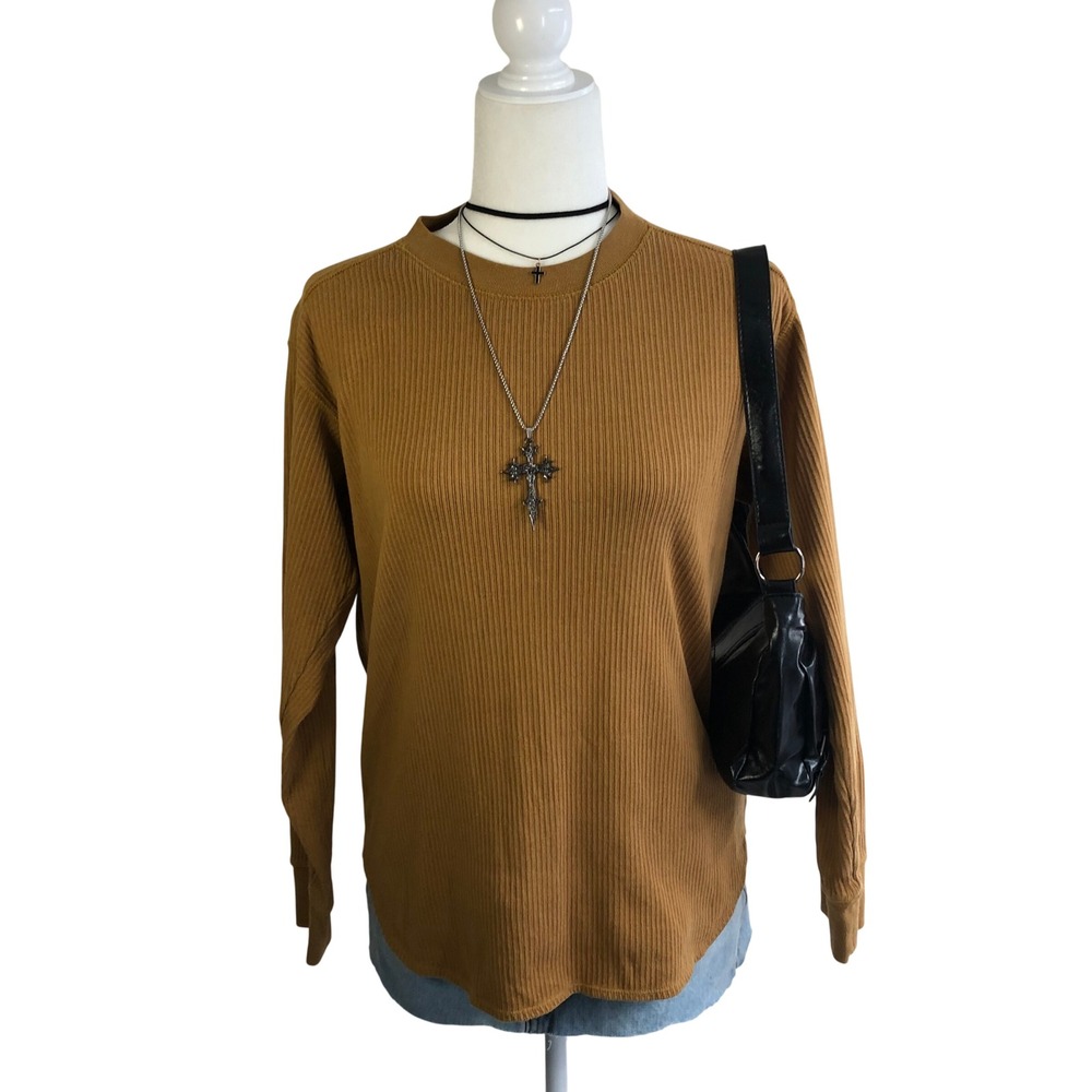 Uniqlo Ribbed Long Sleeve Shirt Womens Small Mustard Yellow Cotton Crewneck